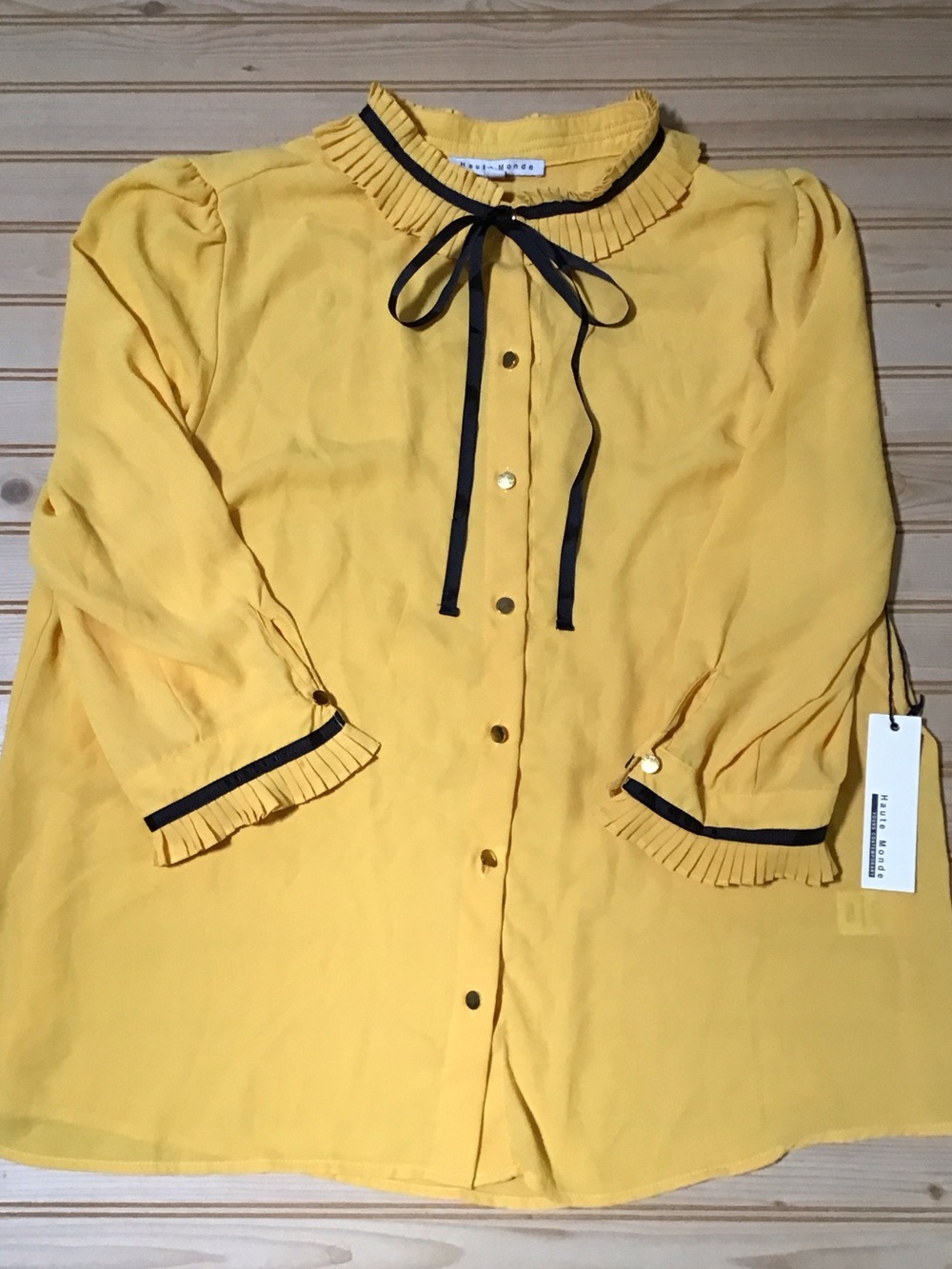 Bright Yellow High Neck Black Ribbon Tie Ruffle Collar 3/4 Sleeve Chiffon Blouse - Picture 1 of 12